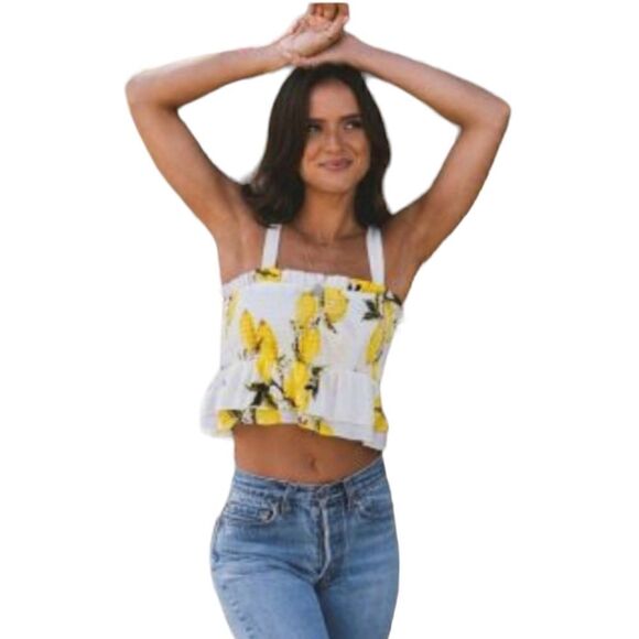 AQUA x Helen Owen Lemon Print Smocked Top - Picture 1 of 9